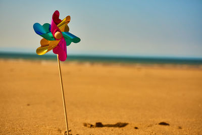 Toy on beach against clear sky