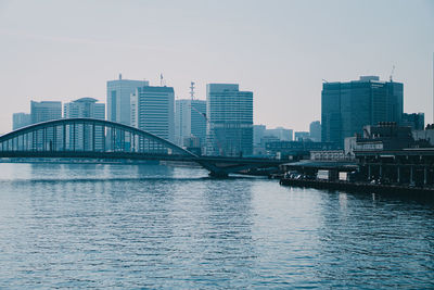 Bridge over river by buildings against clear sky