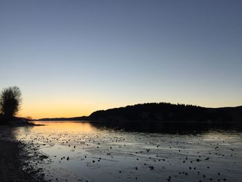 Scenic view of lake against clear sky during sunset