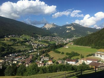 Scenic view of landscape by mountains against sky