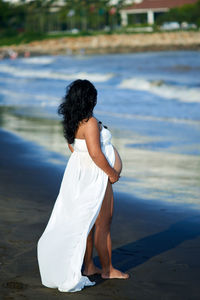 Rear view of woman pregnant woman at beach