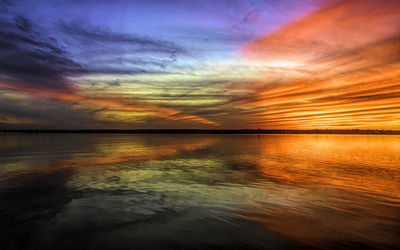 Scenic view of sea against dramatic sky during sunset