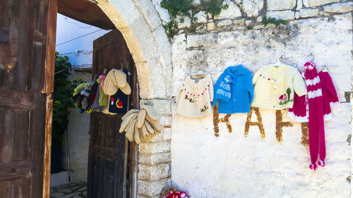 Clothes drying on wall of building