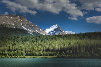Scenic view of lake by mountains against sky