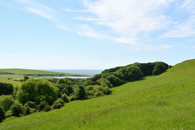 Scenic view of green landscape against sky