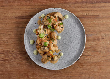 High angle view of food in plate on table