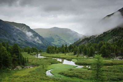 Scenic view of field and mountains against sky