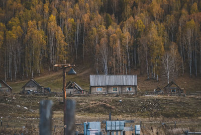 House on field by trees in forest during autumn