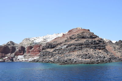 Rock formations by sea against clear blue sky