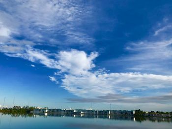 Scenic view of river by buildings against blue sky