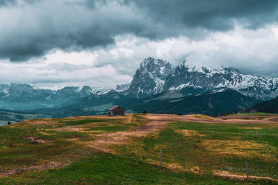 Panoramic view of the langkofel group from seiser alm in the dolomites in south tyrol, italy.