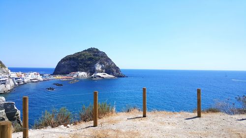 Panoramic view of sea against clear blue sky