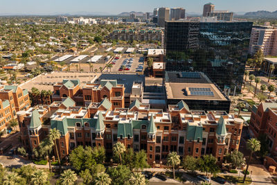 High angle view of buildings in city