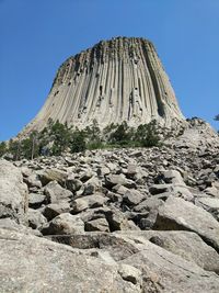 Low angle view of rocks on land against clear sky