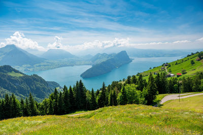 Scenic view of landscape and mountains against sky