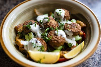 High angle view of food in bowl on table