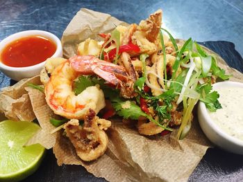 High angle view of seafood served on table