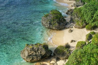 High angle view of rocks on beach