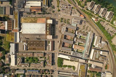 High angle view of buildings in city