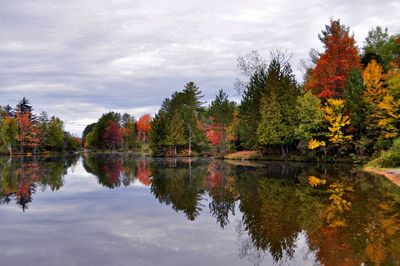 Scenic view of lake by trees against sky during autumn