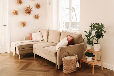 Scandinavian bright interior of a living room with a sofa and eco friendly decor in a cozy apartment