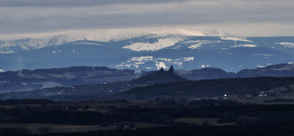 Scenic view of landscape and mountains against sky