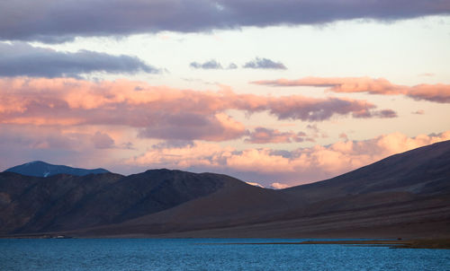 Scenic view of lake against cloudy sky