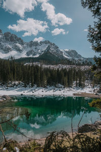 Scenic view of lake by snowcapped mountains against sky