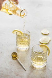 High angle view of drinks on table