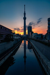 Reflection of buildings in city during sunset