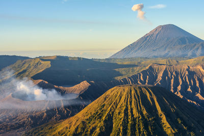 Panoramic view of volcanic landscape against sky