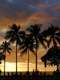 Silhouette palm trees on beach against sky during sunset