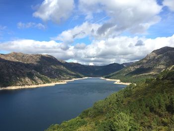 Scenic view of lake and mountains against sky