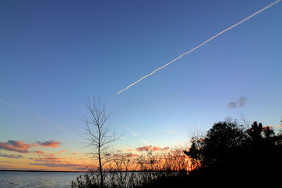 Silhouette trees against vapor trail in sky during sunset