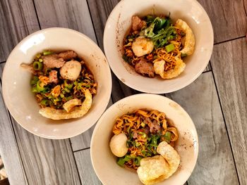 High angle view of food served on table