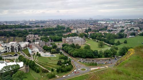 High angle view of road amidst buildings in city