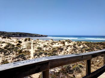 Scenic view of sea against clear blue sky