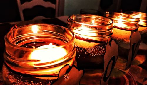 Close-up of illuminated candles on table