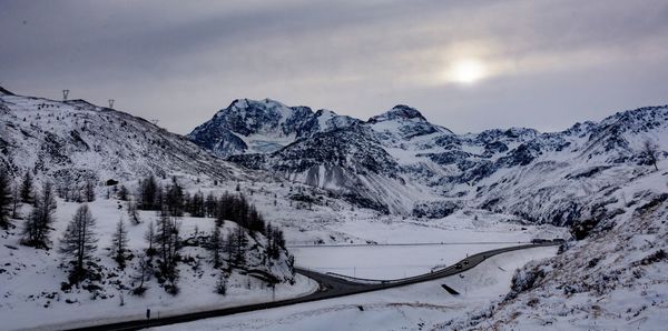 Scenic view of snow covered mountains against sky