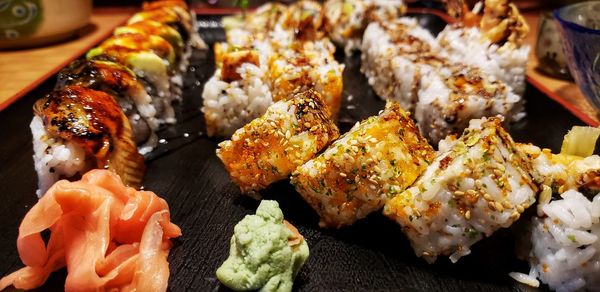 High angle view of various food served in plate