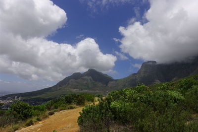 Scenic view of mountains against cloudy sky