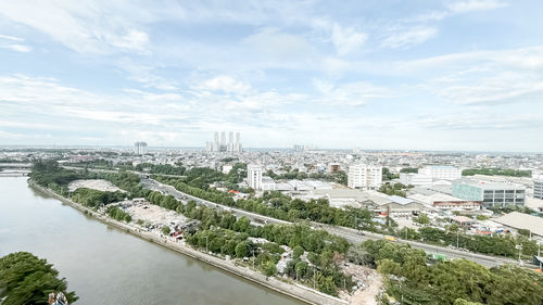 High angle view of cityscape against sky