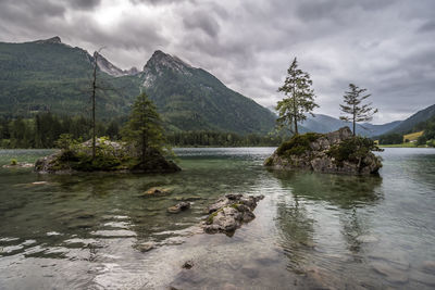 Scenic view of lake and mountains against sky