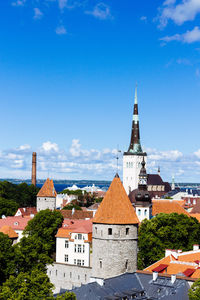 Buildings in town against blue sky