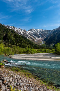 Scenic view of lake by mountains against sky