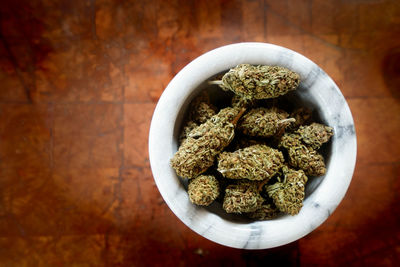 High angle view of plants in bowl on table