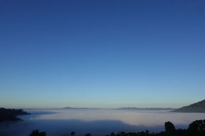 Scenic view of silhouette mountains against clear blue sky