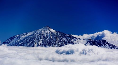 Scenic view of snowcapped mountains against clear blue sky