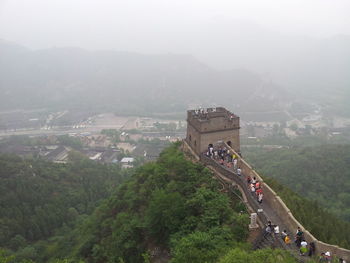 High angle view of people at great wall of china