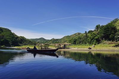 Scenic view of lake against blue sky